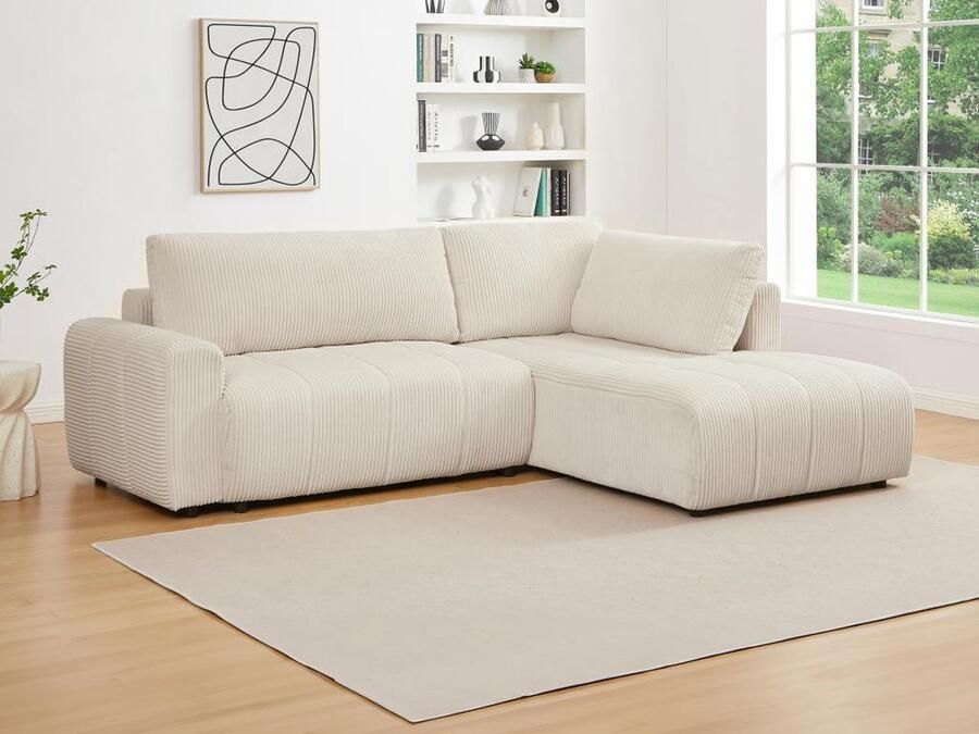 Vente-unique Hoekslaapbank met hoek rechts van beige ribfluweel RICIA L 259 cm x H 96 cm x D 195 cm