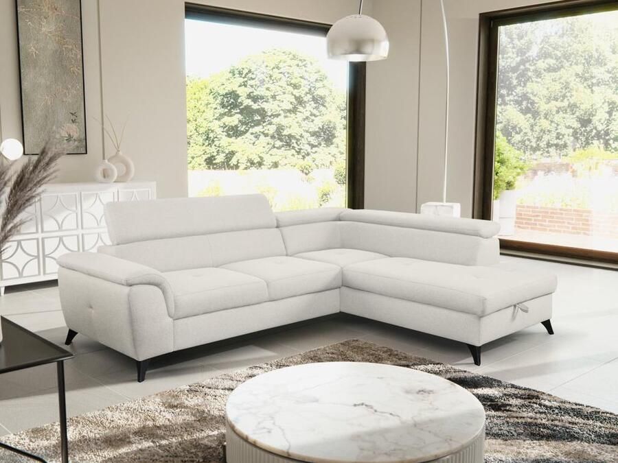 Vente-unique Hoekslaapbank met hoek rechts van beige stof BORTIGALI L 252 cm x H 70 cm x D 200 cm