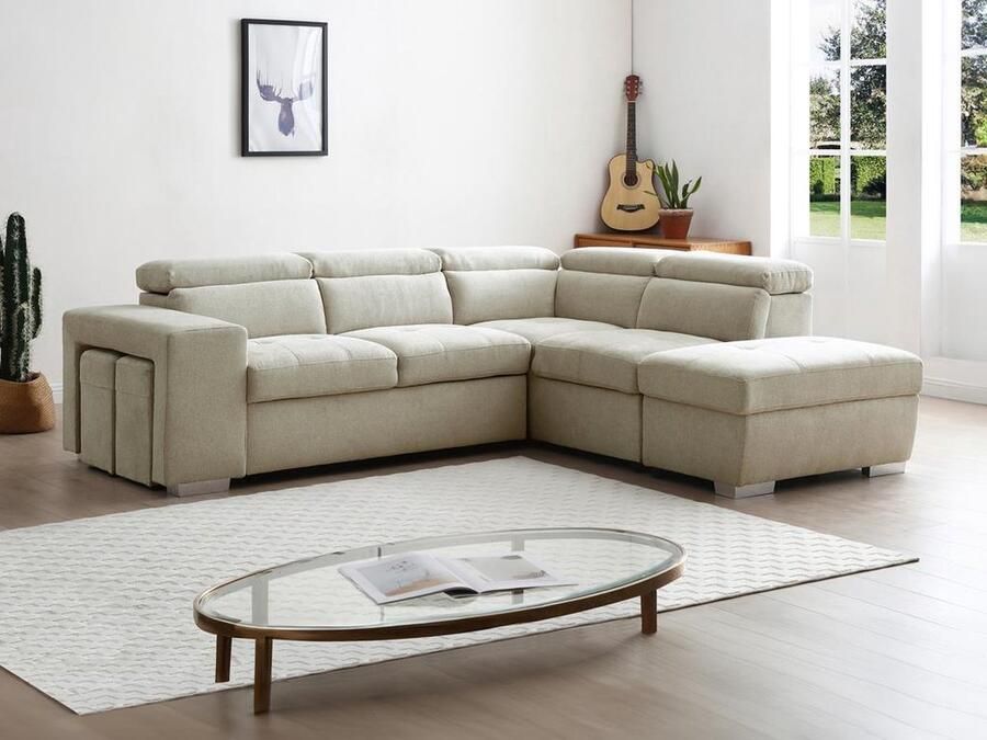 Vente-unique Hoekslaapbank met hoek rechts van beige stof MELICENA L 263 cm x H 81 cm x D 224 cm - Foto 2