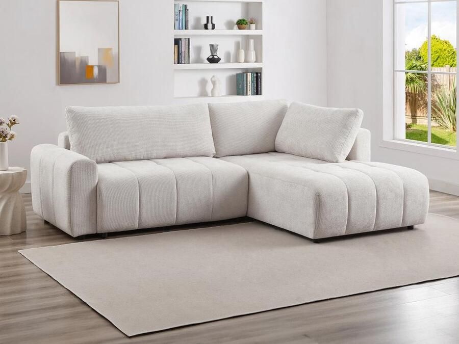 Vente-unique Hoekslaapbank met hoek rechts van beige stof met textuur RICIA L 259 cm x H 96 cm x D 195 cm