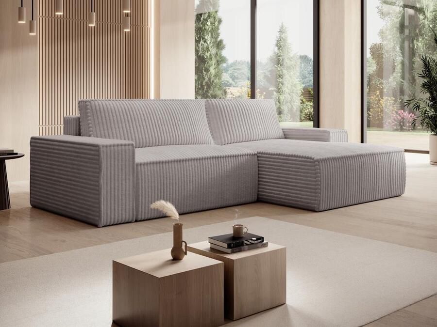 Vente-unique Hoekslaapbank met hoek rechts van lichtgrijs ribfluweel met brede ribbels AMELIA L 267 cm x H 85 cm x D 167 cm - Foto 3