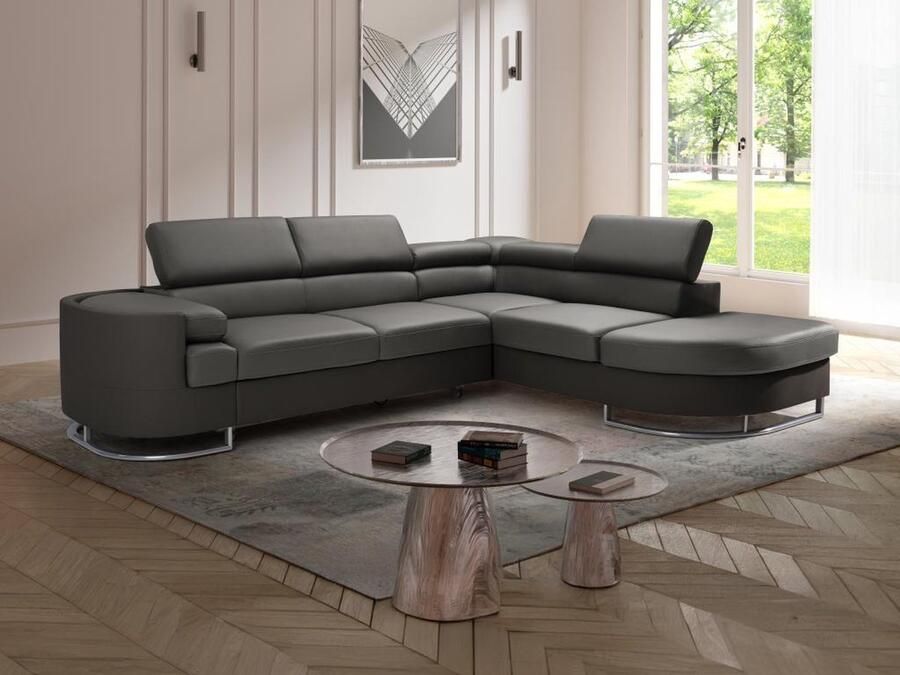 Vente-unique Hoekslaapbank met hoek rechts van stof en kunstleer grijs en antraciet MYSEN II L 276 cm x H 72 cm x D 220 cm - Foto 2