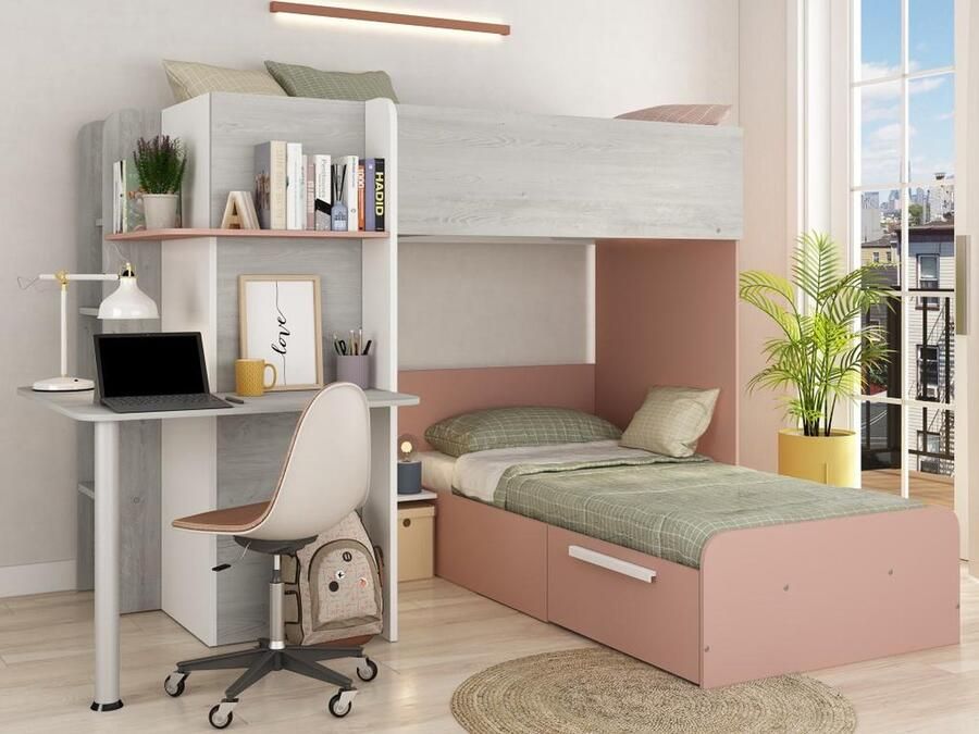 Vente-unique Hoekstapelbed 2 x 90 x 190 cm Met bureau Grijs wit en roze + matras SAMUEL L 241 cm x H 160.1 cm x D 194 cm - Foto 2