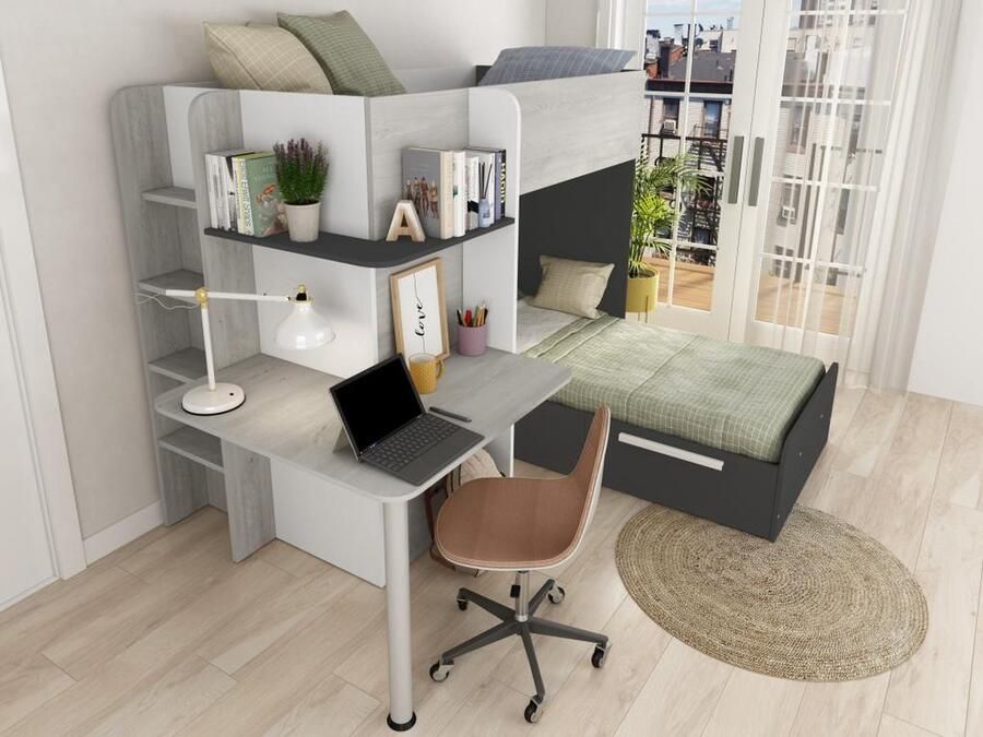 Vente-unique Hoekstapelbed 2 x 90 x 190 cm Met bureau Grijs wit en zwart + Matras SAMUEL L 241 cm x H 160.1 cm x D 194 cm - Foto 2