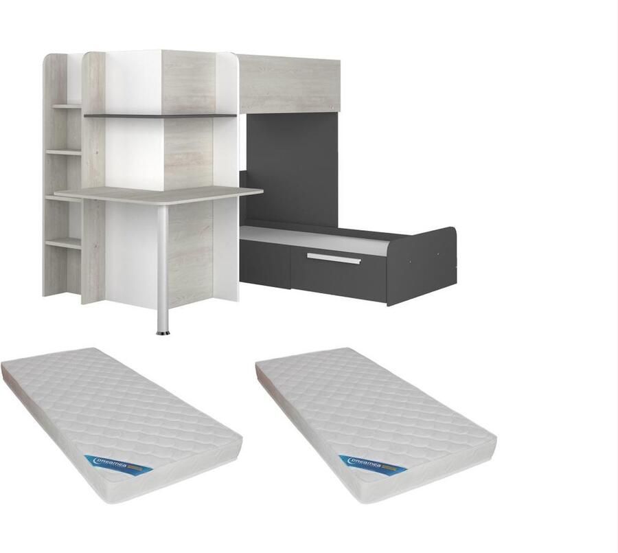 Vente-unique Hoekstapelbed 2 x 90 x 190 cm Met bureau Grijs wit en zwart + Matras SAMUEL L 241 cm x H 160.1 cm x D 194 cm