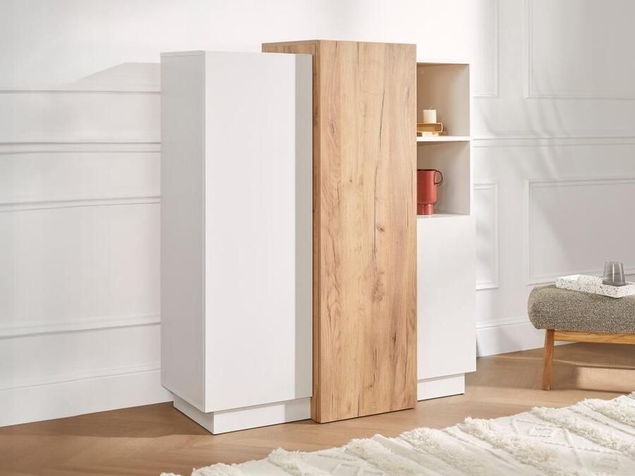 Vente-unique Hoge buffetkast FRANCOLI 3 deuren en 2 nissen Wit en eiken L 110 cm x H 133.5 cm x D 45.4 cm - Foto 4