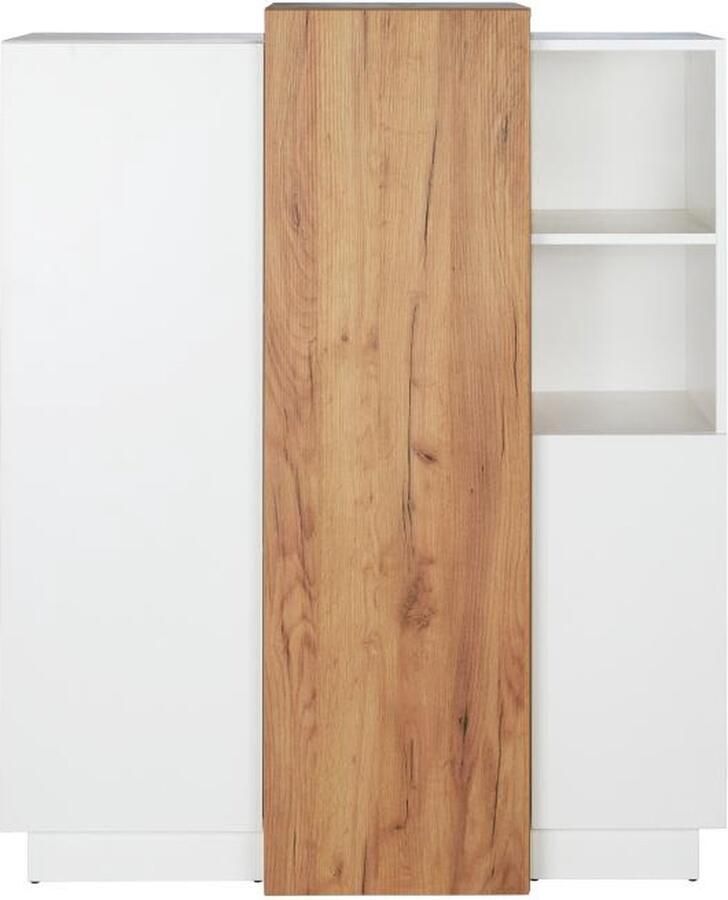 Vente-unique Hoge buffetkast FRANCOLI 3 deuren en 2 nissen Wit en eiken L 110 cm x H 133.5 cm x D 45.4 cm