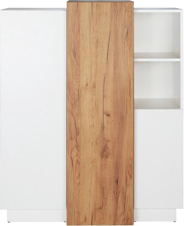 Vente-unique Hoge buffetkast FRANCOLI 3 deuren en 2 nissen Wit en eiken L 110 cm x H 133.5 cm x D 45.4 cm - Foto 2