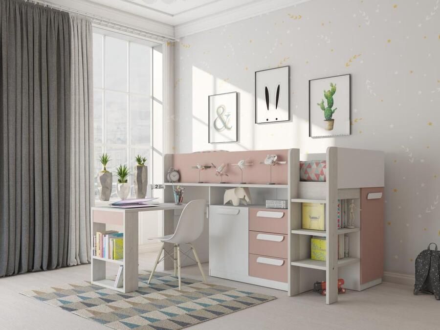 Vente-unique Hoogslaper 90 x 200 cm Met bureau en opbergruimte Roze naturel en wit + matras LOUKALA L 207 cm x H 131.5 cm x D 193.8 cm - Foto 2