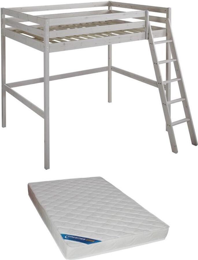 Vente-unique Hoogslaper met bureau GEDEON II 140 x 190 cm Massief grenen Gebleekt + matras L 198 cm x H 196.8 cm x D 203.5 cm - Foto 2