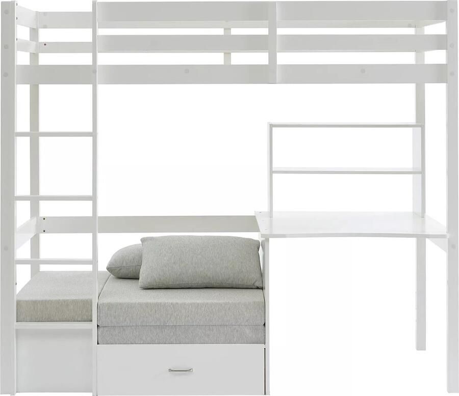 Vente-unique Hoogslaper GOLIATH II met bureau bedbank en opbergruimte 90 x 200 cm Massief grenen Gebleekt L 207.8 cm x H 178.8 cm x D 96.8 cm