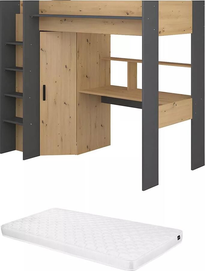 Vente-unique Hoogslaper met bureau en kast 90x200cm Naturel en antraciet + Matras AUCKLAND L 204.4 cm x H 178.3 cm x D 116.4 cm
