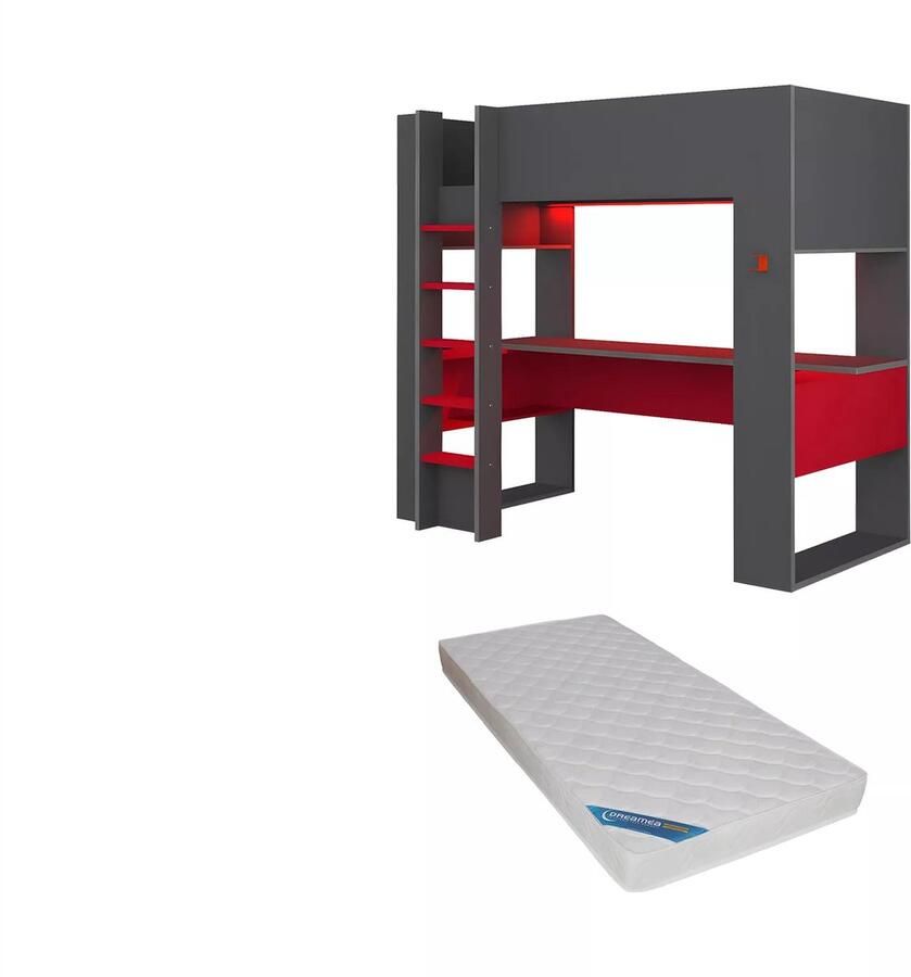 Vente-unique Hoogslaper gamer NOAH met bureau en opbergruimtes 90 x 200 cm met LED's Antraciet en rood + matras L 206 cm x H 183 cm x D 110 cm - Foto 2