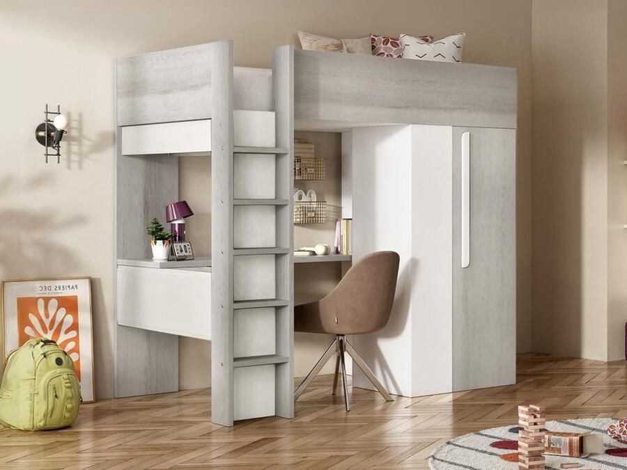Vente-unique Hoogslaper – 90 x 200 cm – Met kledingkast en bureau – Vergrijsde houtlook en wit – Met matras – NICOLAS L 205.2 cm x H 183.1 cm x D 110 cm