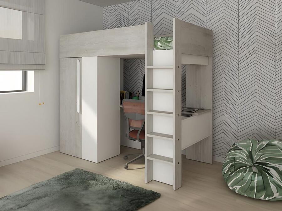 Vente-unique Hoogslaper – 90 x 200 cm – Met kledingkast en bureau – Vergrijsde houtlook en wit – Met matras – NICOLAS L 205.2 cm x H 183.1 cm x D 110 cm - Foto 2
