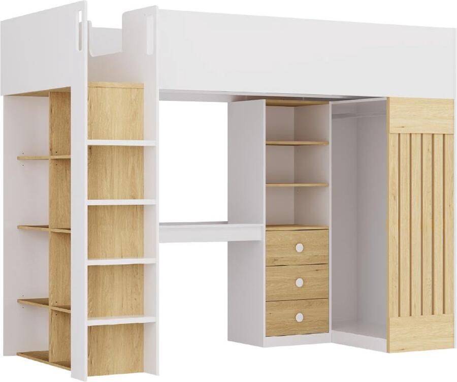 Vente-unique Hoogslaper 90 x 190 cm met bureau en hangkast wit en naturel LORINTI L 235 cm x H 180 cm x D 108.5 cm