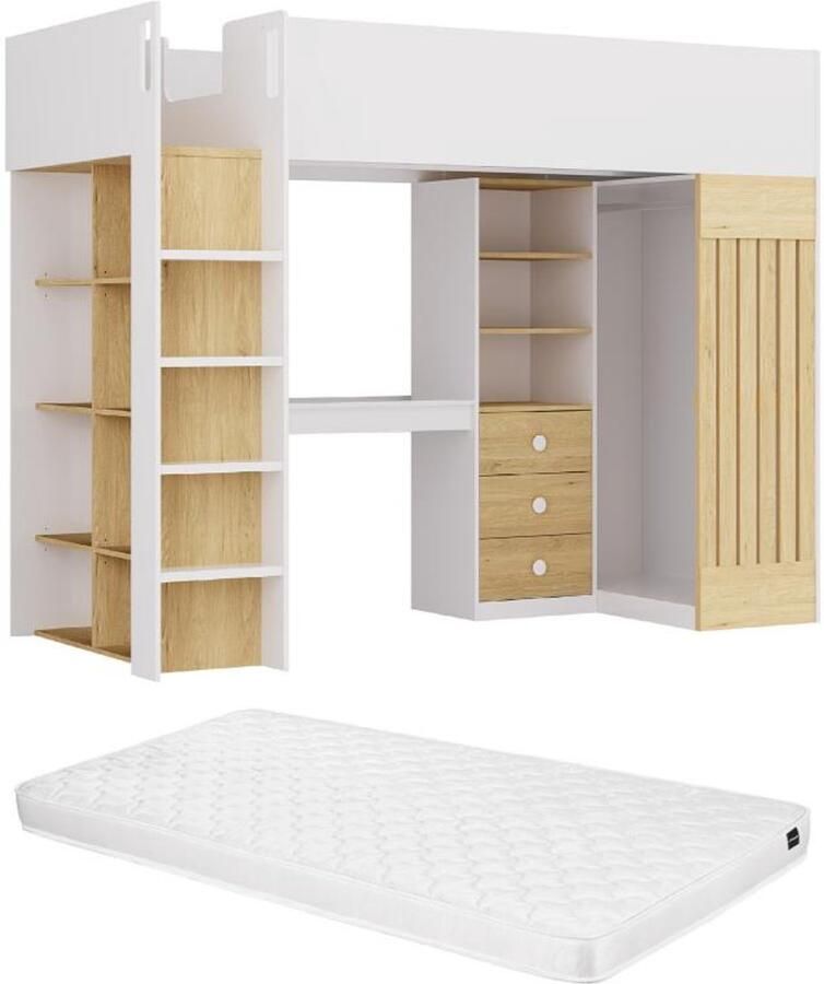 Vente-unique Hoogslaper 90 x 190 cm met bureau en hangkast wit en naturel + matras LORINTI L 235 cm x H 180 cm x D 108.5 cm