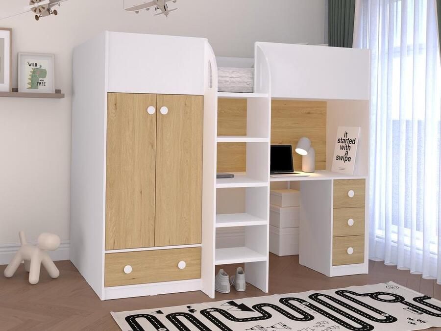 Vente-unique Hoogslaper 90 x 190 cm met kast en bureau Wit en naturel CINAMO L 196 cm x H 162.3 cm x D 120.8 cm