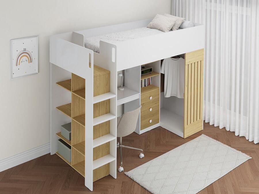 Vente-unique Hoogslaper 90 x 190 cm met bureau en hangkast wit en naturel LORINTI L 235 cm x H 180 cm x D 108.5 cm - Foto 4