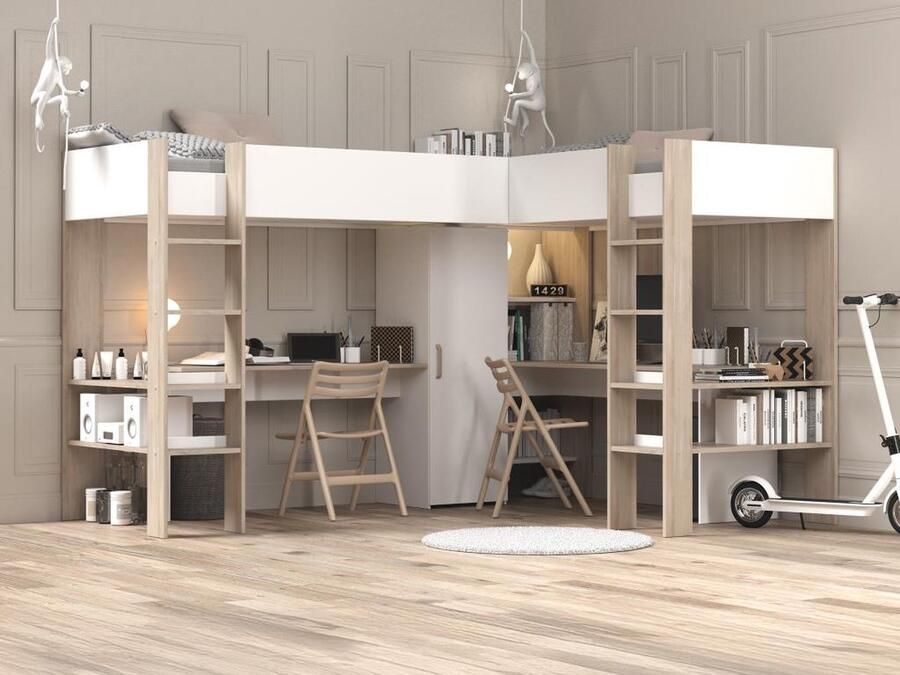 Vente-unique Dubbele hoekhoogslaper 2 x 90 x 200 cm Met opbergruimte en bureaus Wit en naturel LASCANO L 295.7 cm x H 180 cm x D 232.2 cm - Foto 2