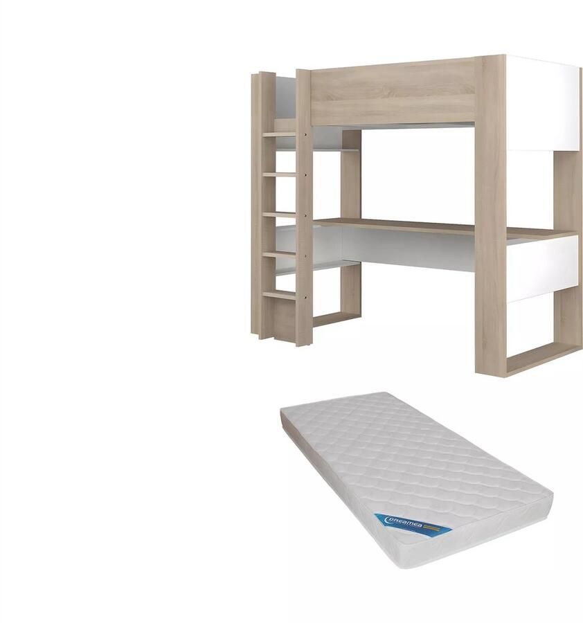 Vente-unique Dubbele hoekhoogslaper 2 x 90 x 200 cm Met opbergruimte en bureaus Wit en naturel LASCANO L 295.7 cm x H 180 cm x D 232.2 cm