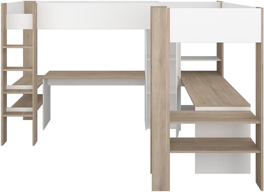 Vente-unique Dubbele hoekhoogslaper 2 x 90 x 200 cm Met opbergruimte en bureaus Wit en naturel LASCANO L 295.7 cm x H 180 cm x D 232.2 cm - Foto 2