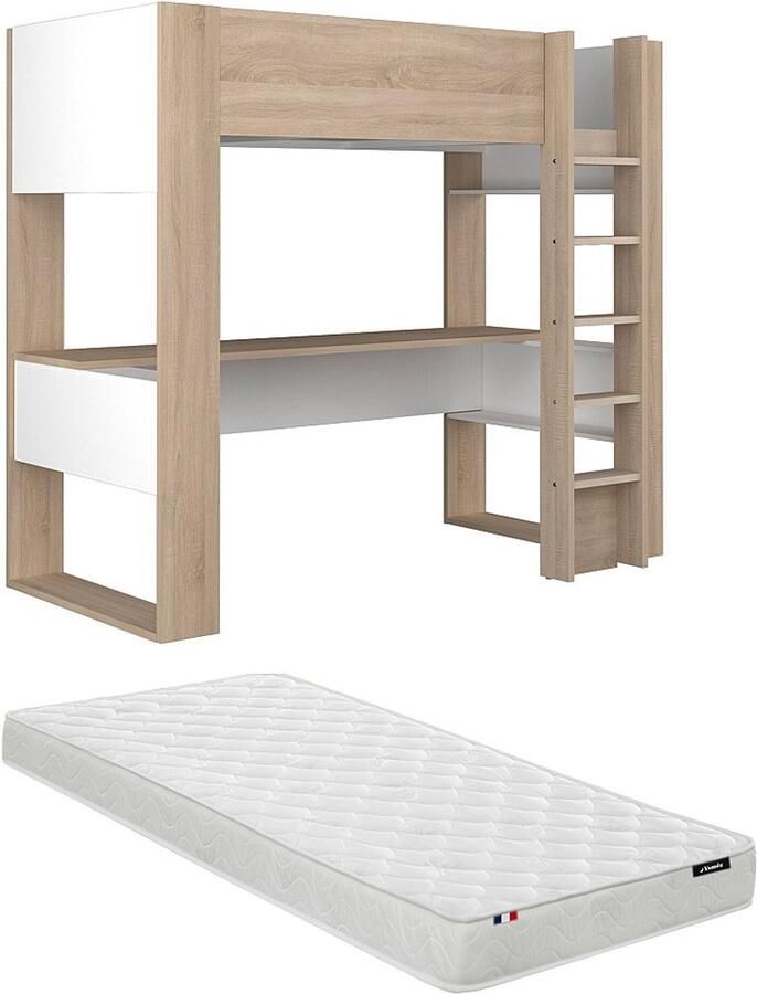 Vente-unique Hoogslaper met bureau en opbergruimte 90 x 200 cm Eik en wit + matras NOAH II L 206 cm x H 183 cm x D 110 cm - Foto 3