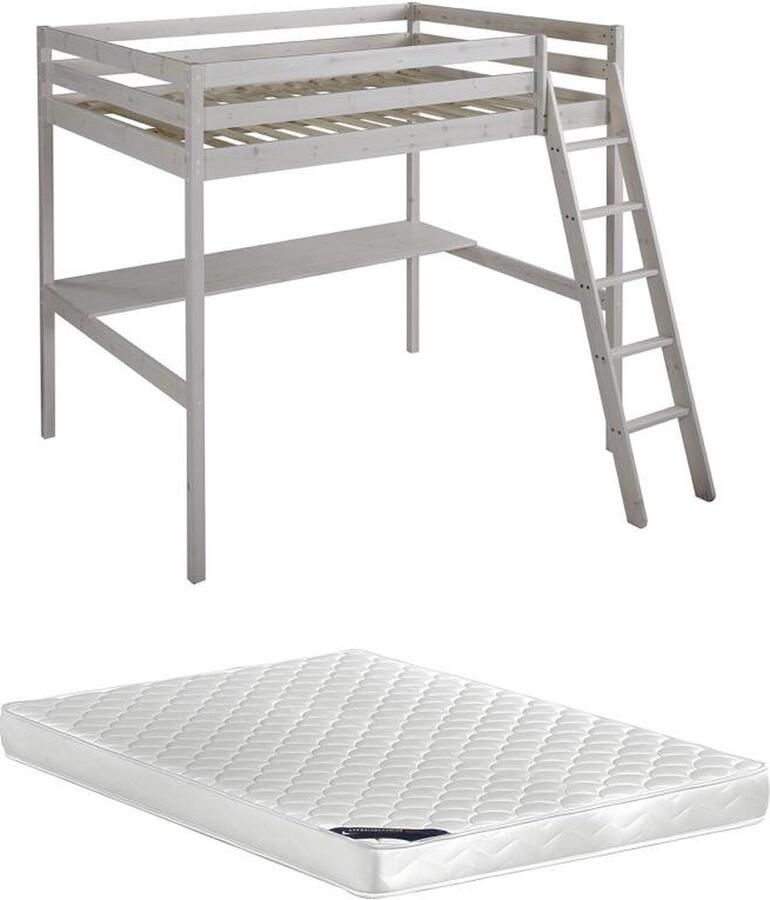 Vente-unique Hoogslaper met bureau GEDEON II 140 x 190 cm Massief grenen Gebleekt + matras L 198 cm x H 196.8 cm x D 203.5 cm