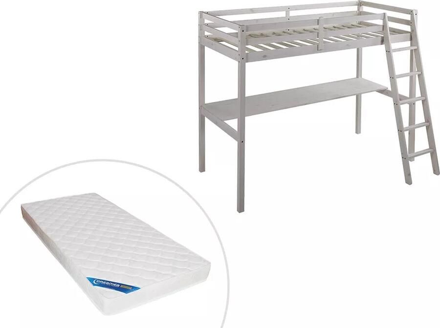 Vente-unique Hoogslaper GEDEON 90 x 190 cm met bureau Massief grenen Gebleekt L 198 cm x H 176 cm x D 140 cm - Foto 3