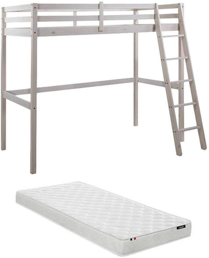 Vente-unique Hoogslaper GEDEON II 90 x 190 cm Massief grenen Gebleekt + matras L 198 cm x H 176 cm x D 140 cm