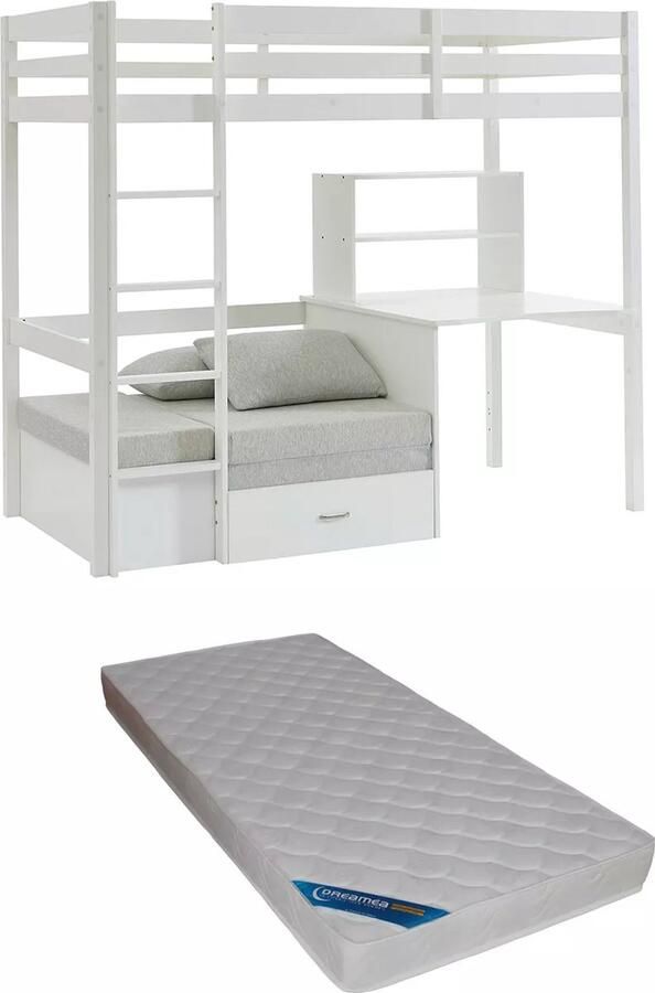 Vente-unique Hoogslaper 90 x 200 cm met bureau slaapbank en opbergruimte Massief grenen Gebleekt + Matras GOLIATH III L 207.8 cm x H 178.8 cm x D 96.8 cm