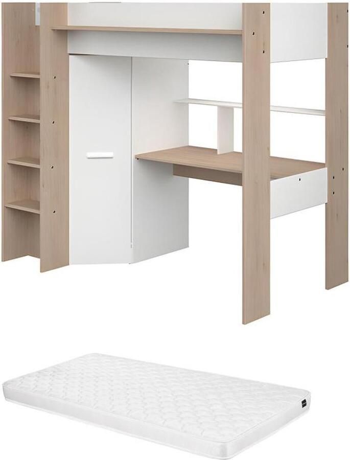 Vente-unique Hoogslaper met bureau en kast 90 x 200 cm Wit en naturel + matras- AUCKLAND L 204.4 cm x H 178.3 cm x D 116.4 cm