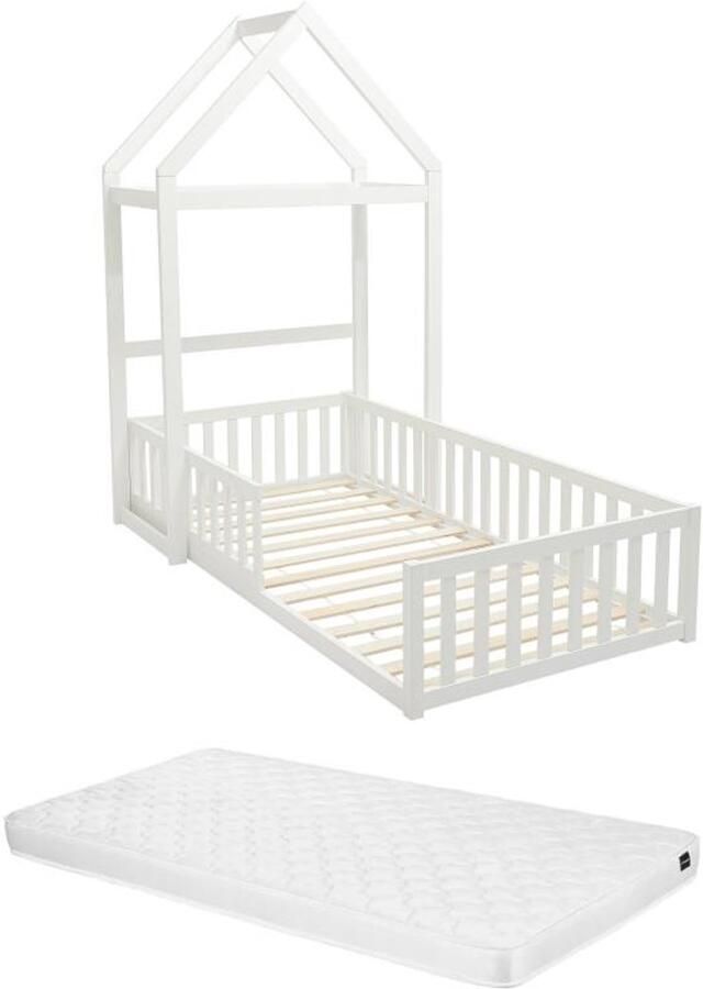 Vente-unique Hoogslaper 90 x 190 cm Grenen en mdf Wit + matras VARLAINE L 196.2 cm x H 187 cm x D 96.5 cm