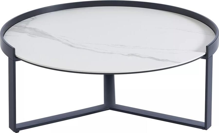 Maison Céphy In elkaar schuivende salontafels in gehard rookglas keramiek en metaal Witte marmerlook en zwart ZERILA L 90 cm x H 35 cm x D 90 cm