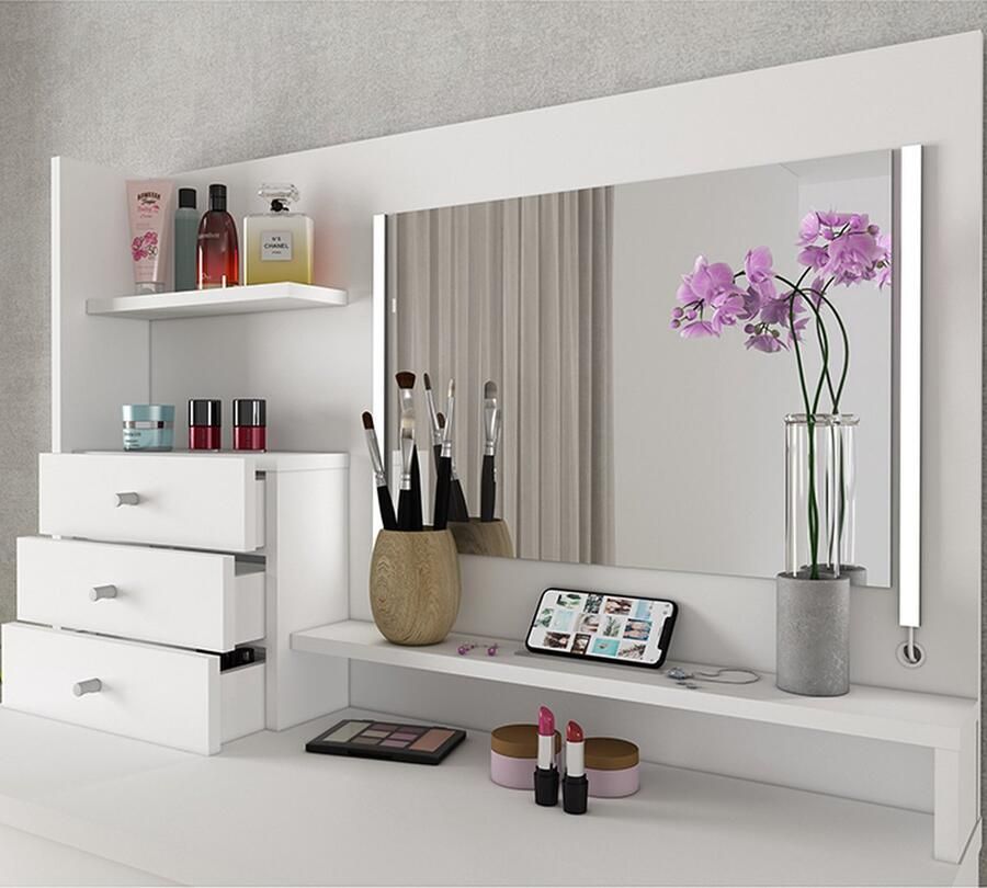 Vente-unique Kaptafel GIULIANA Spiegel + ledverlichting en opbergruimte Wit L 99.8 cm x H 142 cm x D 39.9 cm - Foto 2