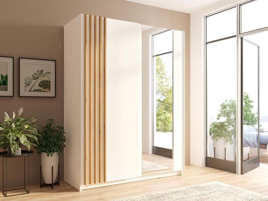 Vente-unique Kast met 2 schuifdeuren Met spiegel L150 cm Wit en houtlook CALELA L 150.6 cm x H 198.5 cm x D 62 cm