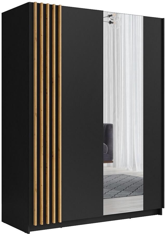 Vente-unique Kast met 2 schuifdeuren Met spiegel L150 cm Zwart en houtlook CALELA L 150.6 cm x H 198.5 cm x D 62 cm - Foto 2