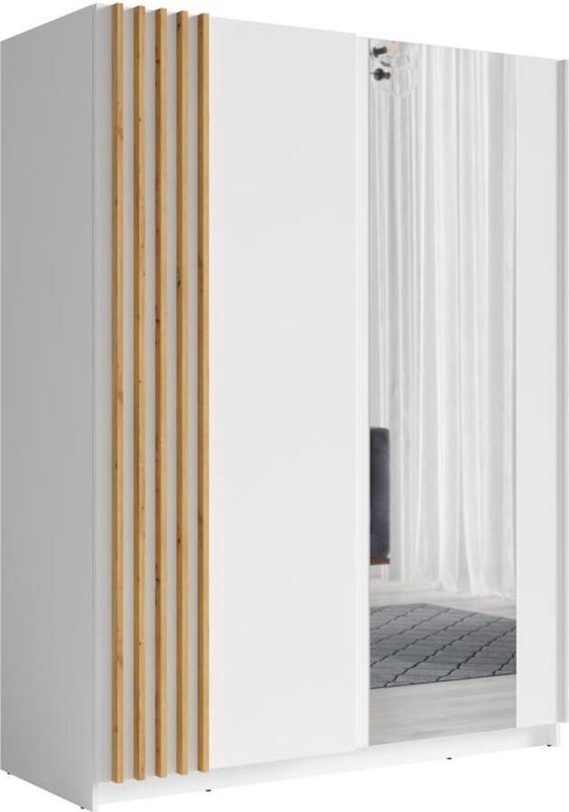 Vente-unique Kast met 2 schuifdeuren Met spiegel L200 cm Wit en houtlook CALELA L 200.2 cm x H 198.5 cm x D 62 cm