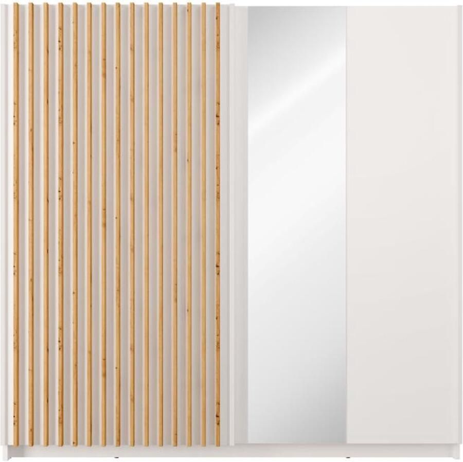 Vente-unique Kast met 2 schuifdeuren Met spiegel L200 cm Wit en naturel TINDANIA L 200.3 cm x H 198.5 cm x D 62 cm