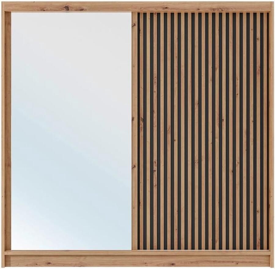 Vente-unique Kast met 2 schuifdeuren Met spiegel L203 cm houtlook en zwart CALOWI L 203 cm x H 215 cm x D 60.5 cm