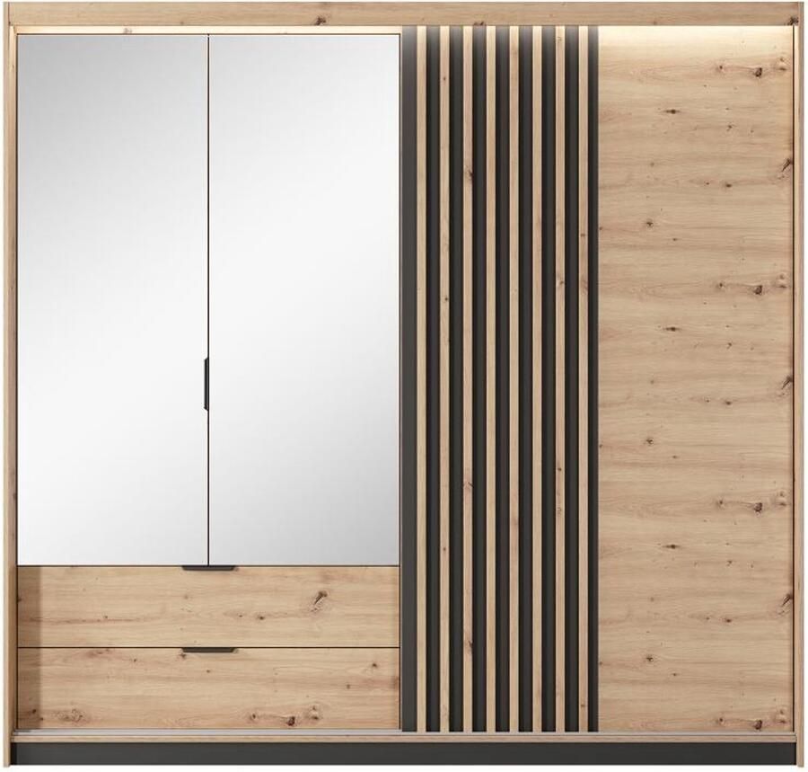 Vente-unique Kast met 3 deuren en 2 lades Spiegel en ledverlichting L220 cm naturel en zwart ARIADA L 220 cm x H 210.4 cm x D 60 cm