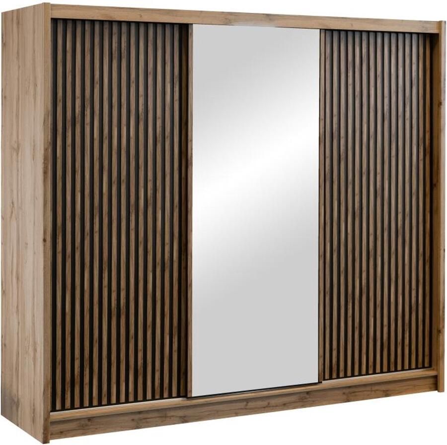 Vente-unique Kast met 3 schuifdeuren Met spiegel L250 cm naturel en zwart CALOWI L 250 cm x H 215 cm x D 61 cm