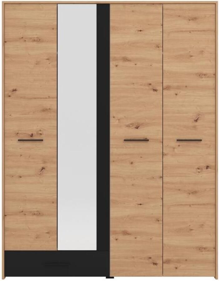 Vente-unique Kast met 4 deuren en 1 lade Met spiegel B158 cm Naturel en zwart NIPOVA L 157.5 cm x H 203.5 cm x D 53 cm