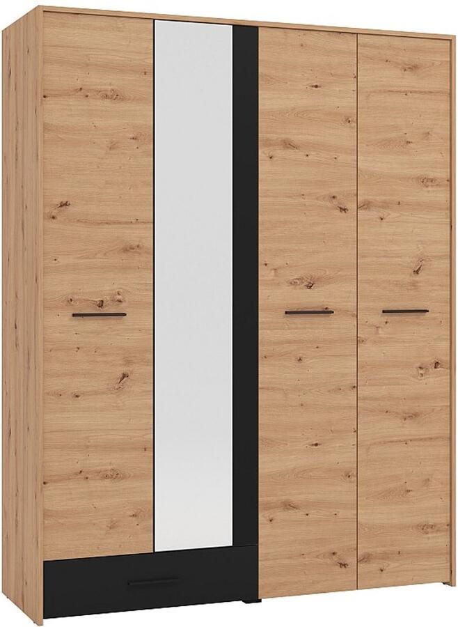 Vente-unique Kast met 4 deuren en 1 lade Met spiegel B158 cm Naturel en zwart NIPOVA L 157.5 cm x H 203.5 cm x D 53 cm - Foto 3