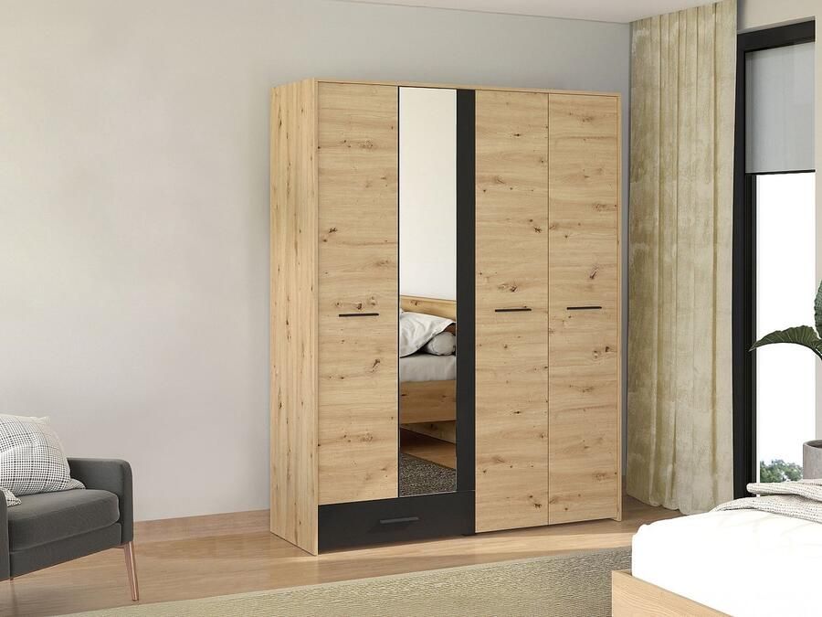 Vente-unique Kast met 4 deuren en 1 lade Met spiegel B158 cm Naturel en zwart NIPOVA L 157.5 cm x H 203.5 cm x D 53 cm - Foto 2