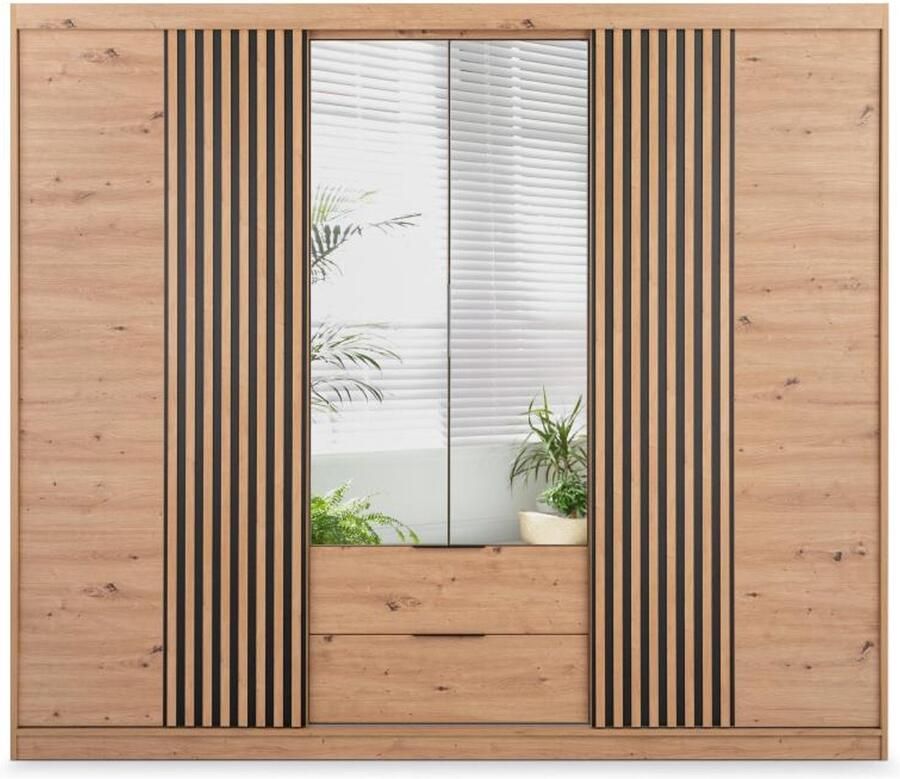 Vente-unique Kast met 4 deuren en 2 lades Met spiegel L250 cm houtlook SIDOVIA L 250 cm x H 213 cm x D 60 cm - Foto 2