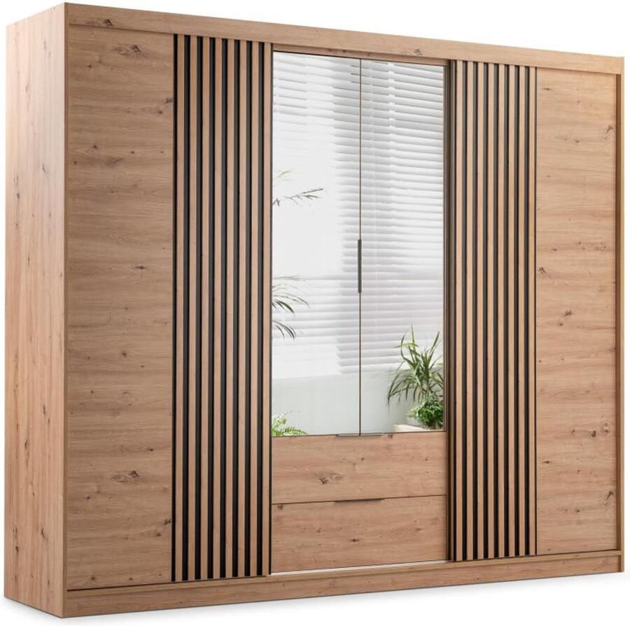 Vente-unique Kast met 4 deuren en 2 lades Met spiegel L250 cm houtlook SIDOVIA L 250 cm x H 213 cm x D 60 cm