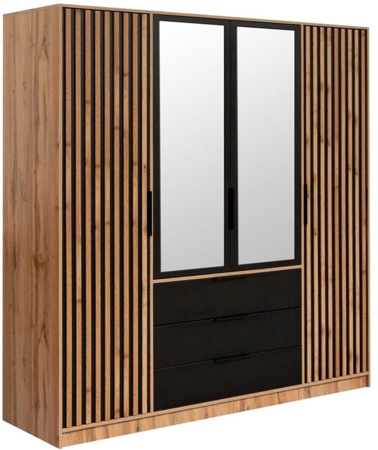 Vente-unique Kast met 4 deuren en 3 lades Met spiegel L196 cm houtlook en zwart LIRMADA L 196 cm x H 200 cm x D 58 cm