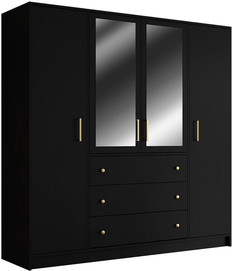 Vente-unique Kast met 4 deuren en 3 lades Met spiegel L196 cm Zwart LIZANDRO L 196 cm x H 200 cm x D 58 cm - Foto 2