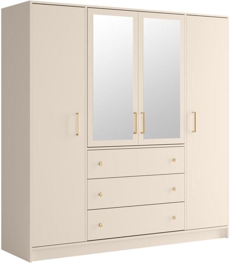 Vente-unique Kast met 4 deuren en 3 lades Met spiegels L196 cm Beige en goud LIZANDRO L 196 cm x H 200 cm x D 58 cm